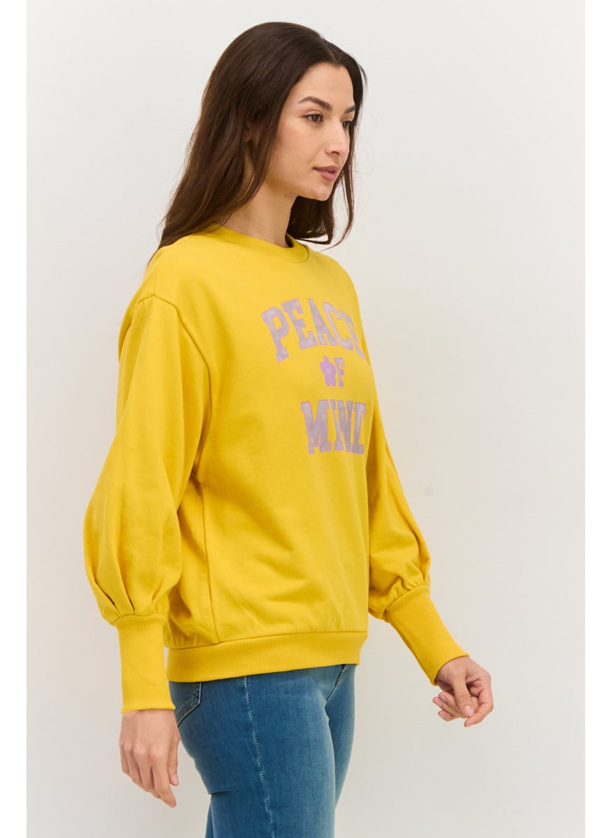 Women Crew Neck Long Sleeves Graphic Print Sweatshirt, Yellow