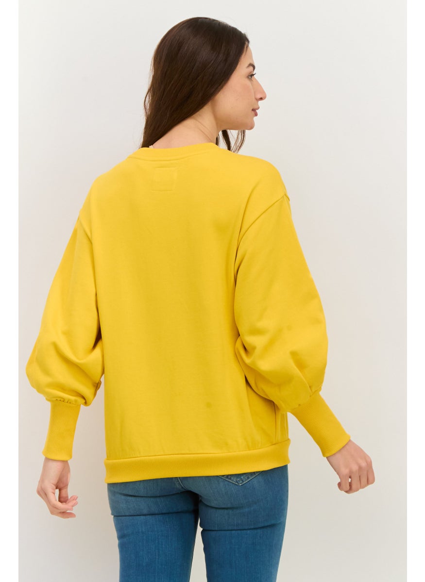 Women Crew Neck Long Sleeves Graphic Print Sweatshirt, Yellow