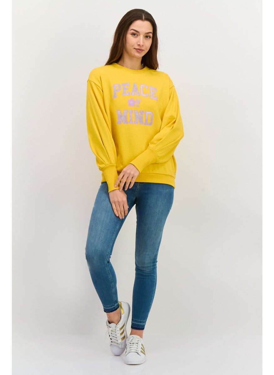 Women Crew Neck Long Sleeves Graphic Print Sweatshirt, Yellow