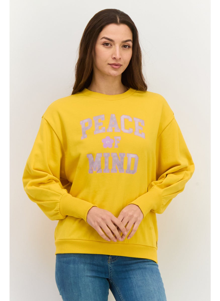 Women Crew Neck Long Sleeves Graphic Print Sweatshirt, Yellow