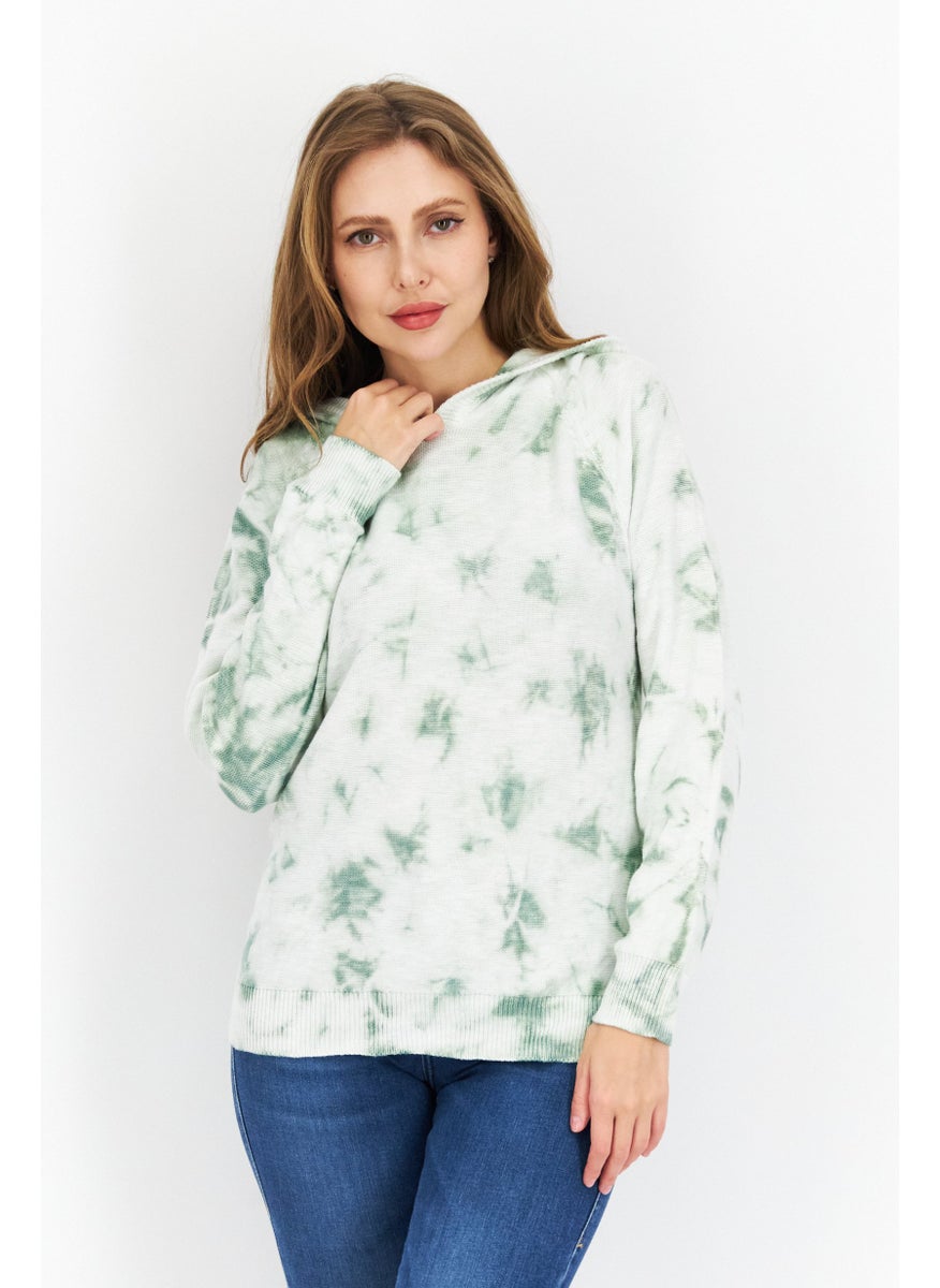 Women Tie Dye Printed Long Sleeve Hooded Sweater, Green