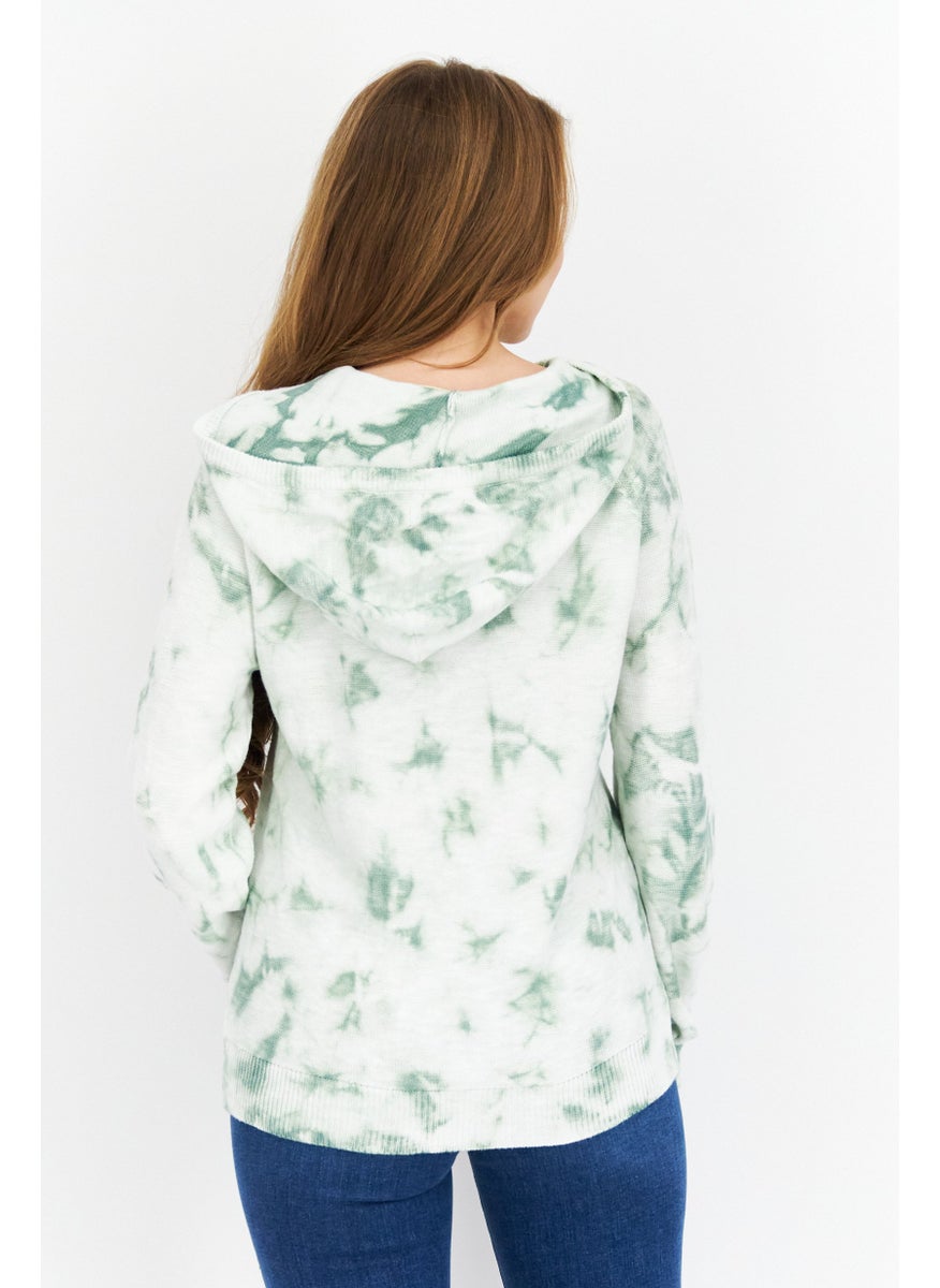 Women Tie Dye Printed Long Sleeve Hooded Sweater, Green