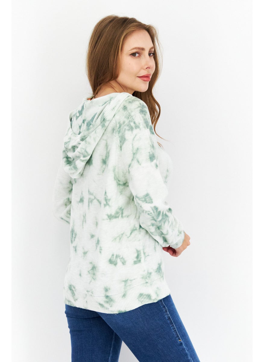 Women Tie Dye Printed Long Sleeve Hooded Sweater, Green