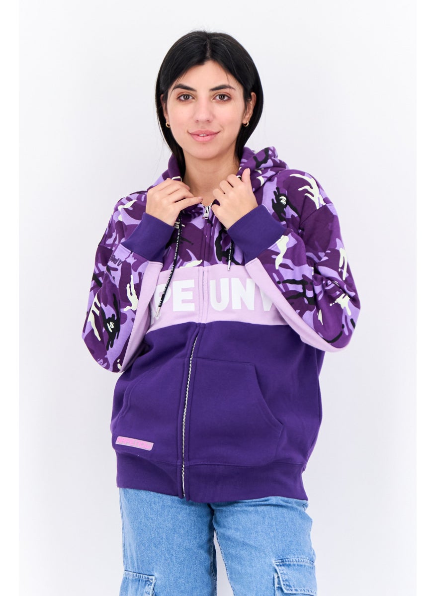 Women Hooded Camouflage Long Sleeves Sweatshirt, Purple Combo
