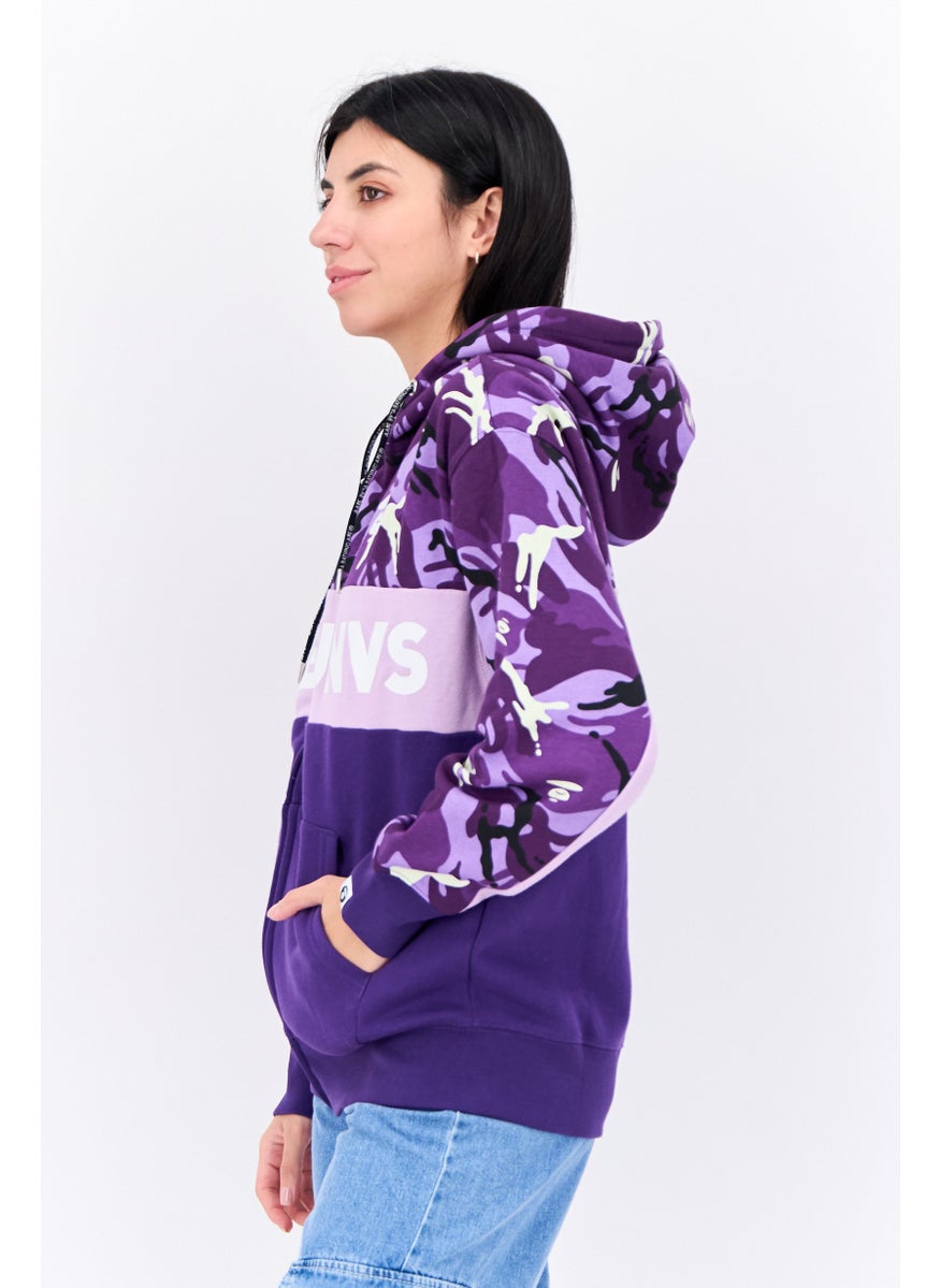 Women Hooded Camouflage Long Sleeves Sweatshirt, Purple Combo