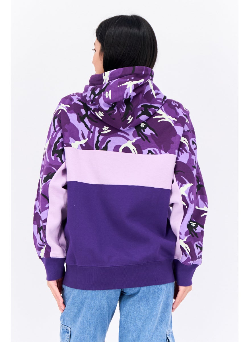 Women Hooded Camouflage Long Sleeves Sweatshirt, Purple Combo