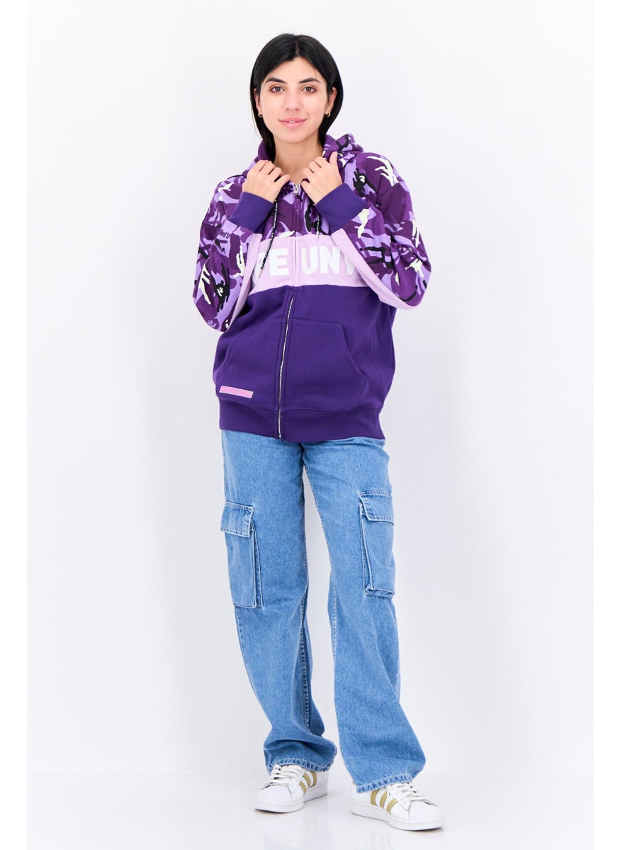 Women Hooded Camouflage Long Sleeves Sweatshirt, Purple Combo