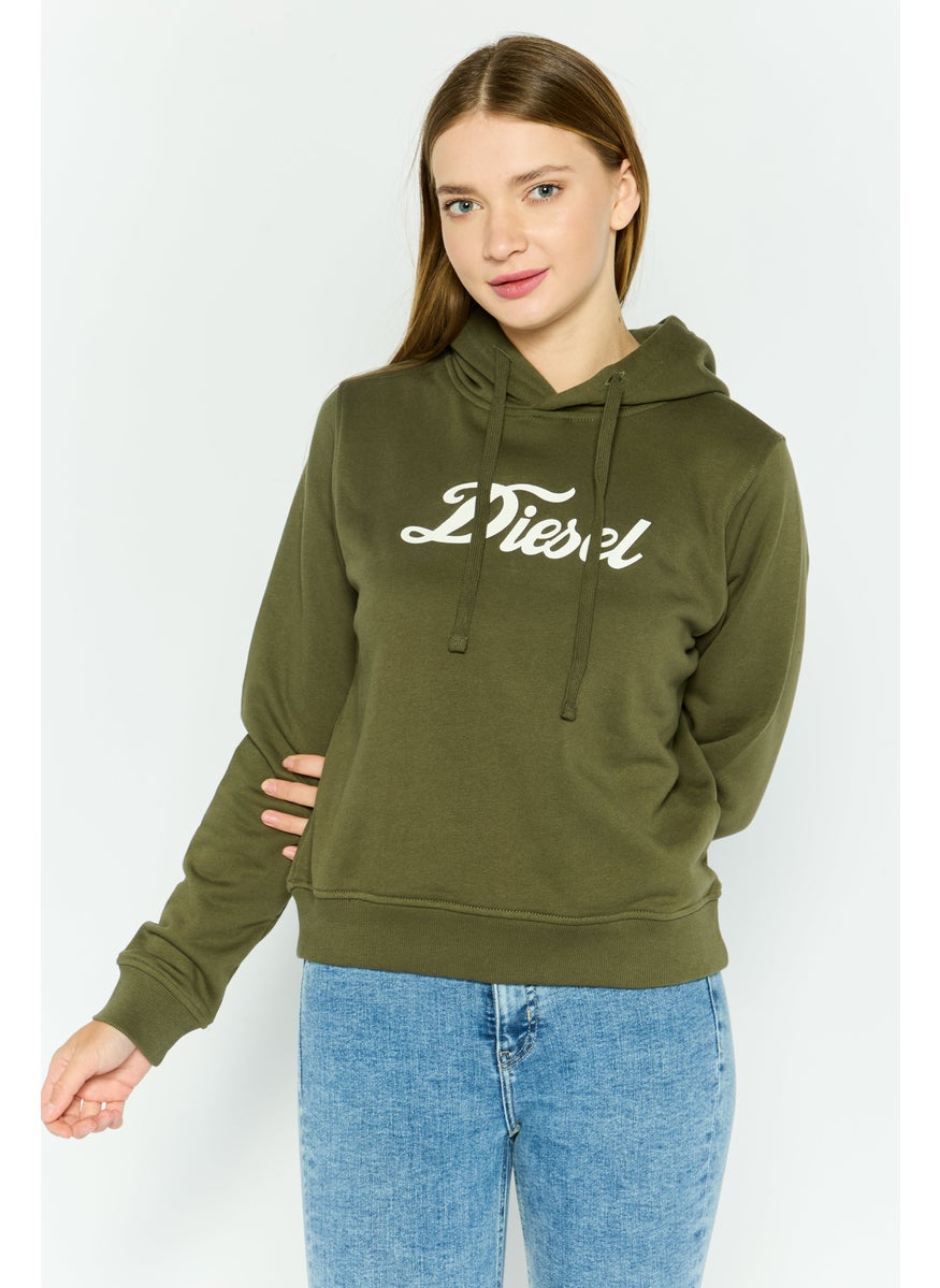 Women Hooded Brand Logo Long Sleeves Sweatshirt, Olive