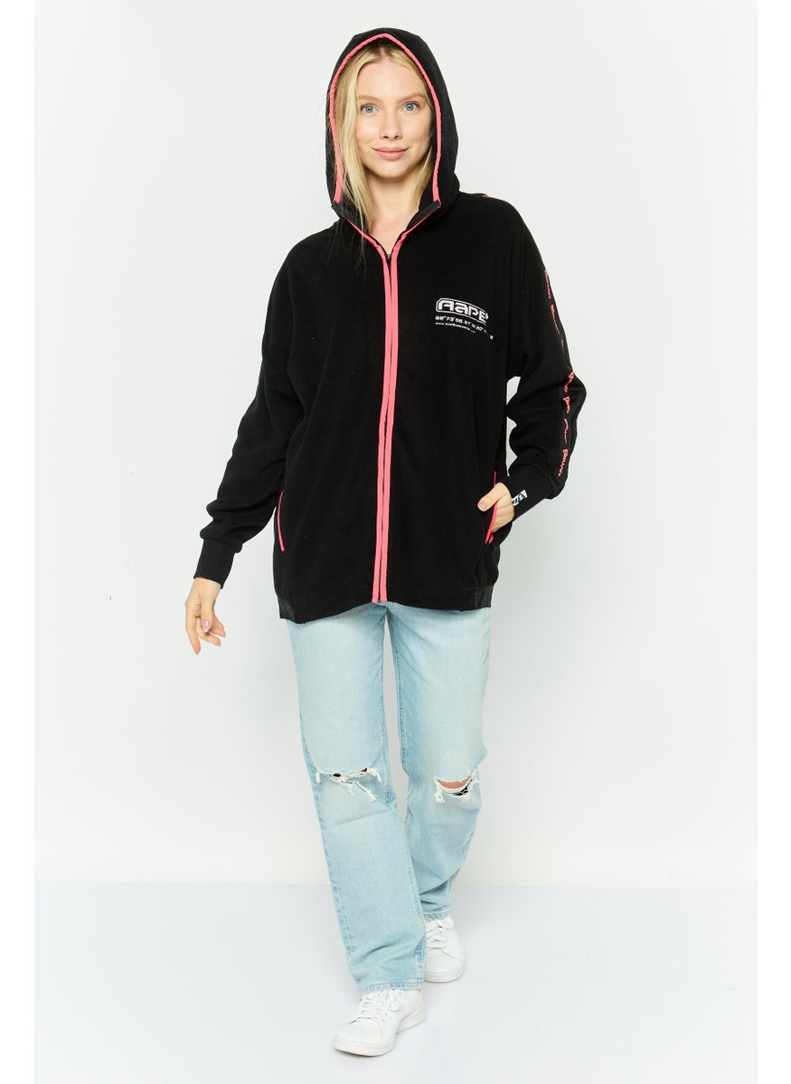 Women Hooded Brand Logo Long Sleeves Sweatshirt, Black Combo