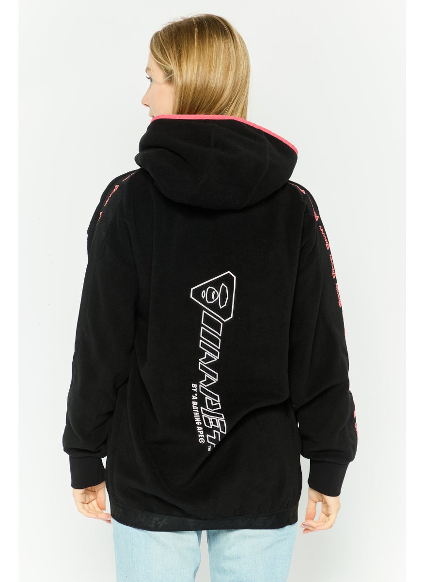 Women Hooded Brand Logo Long Sleeves Sweatshirt, Black Combo