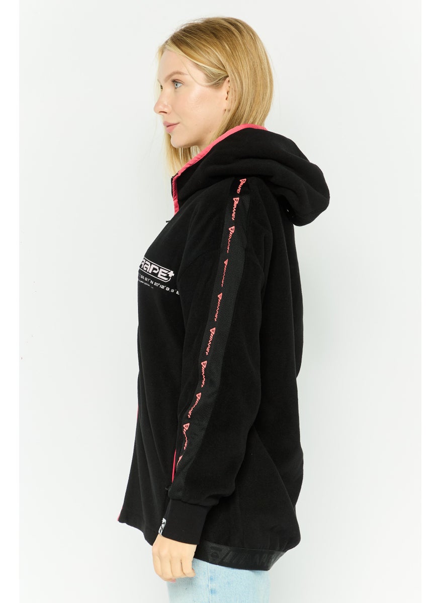 Women Hooded Brand Logo Long Sleeves Sweatshirt, Black Combo