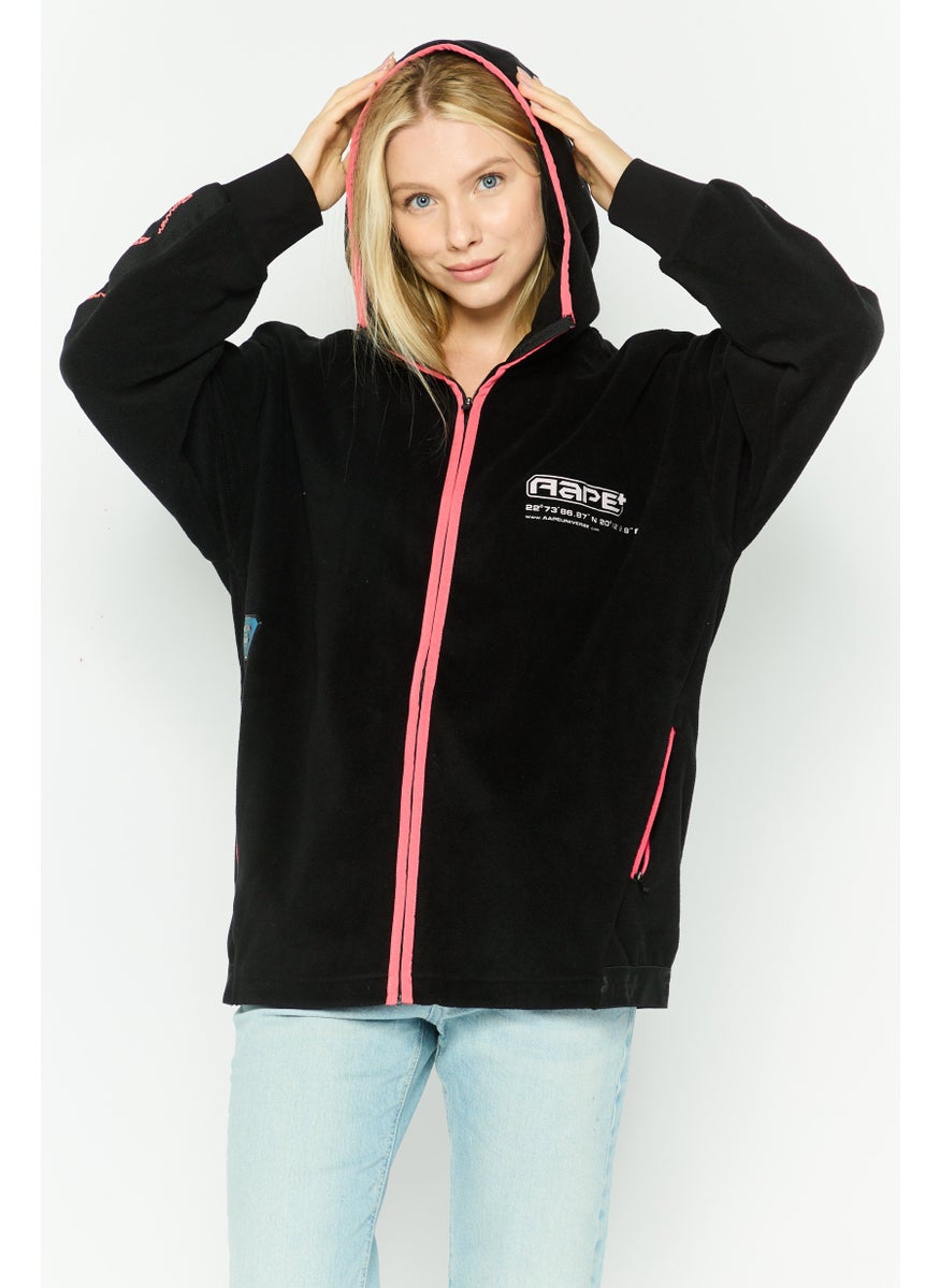 Women Hooded Brand Logo Long Sleeves Sweatshirt, Black Combo