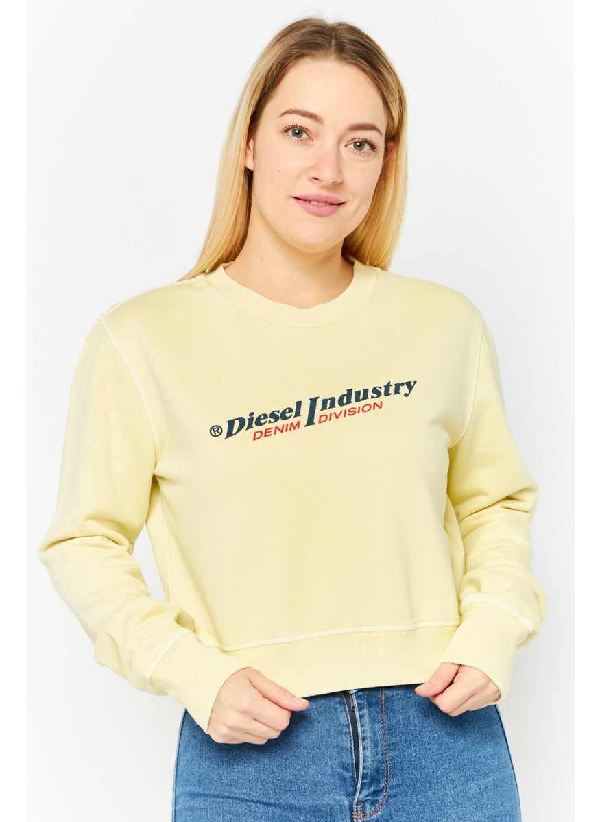 Women Ribbed Neck Long Sleeves Brad Logo Sweatshirt, Pale Yellow