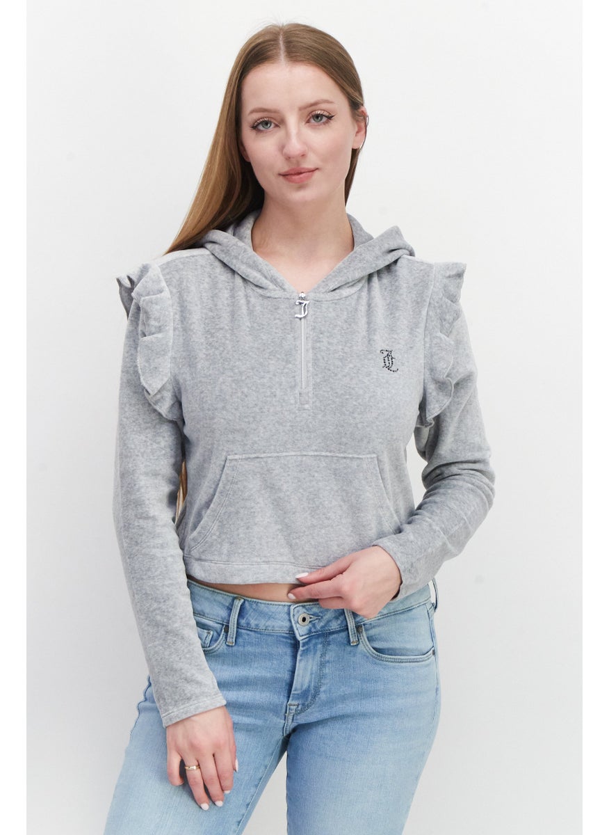 Women Hooded Long Sleeve Textured Sweatshirt, Grey