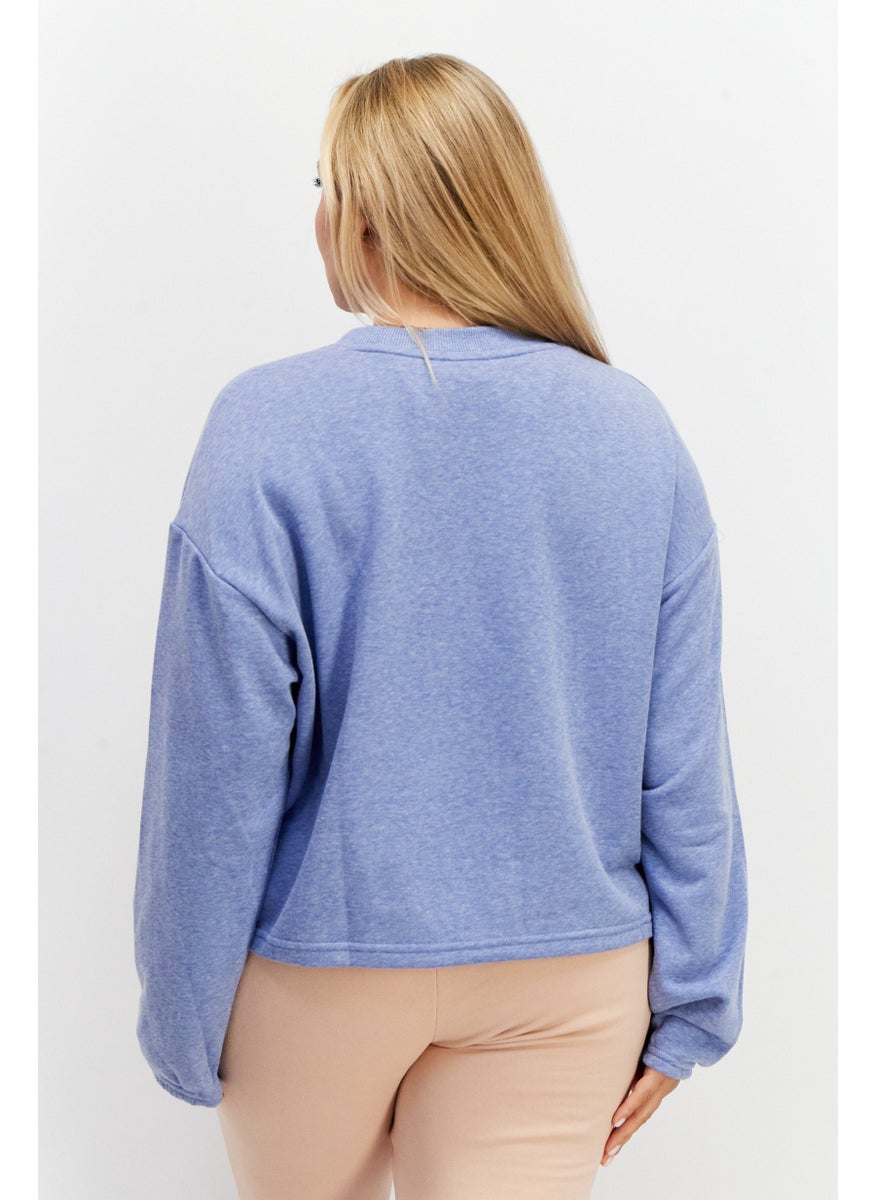 Women Sportswear Round Neck Long Sleeves Brand Logo Sweatshirt, Blue