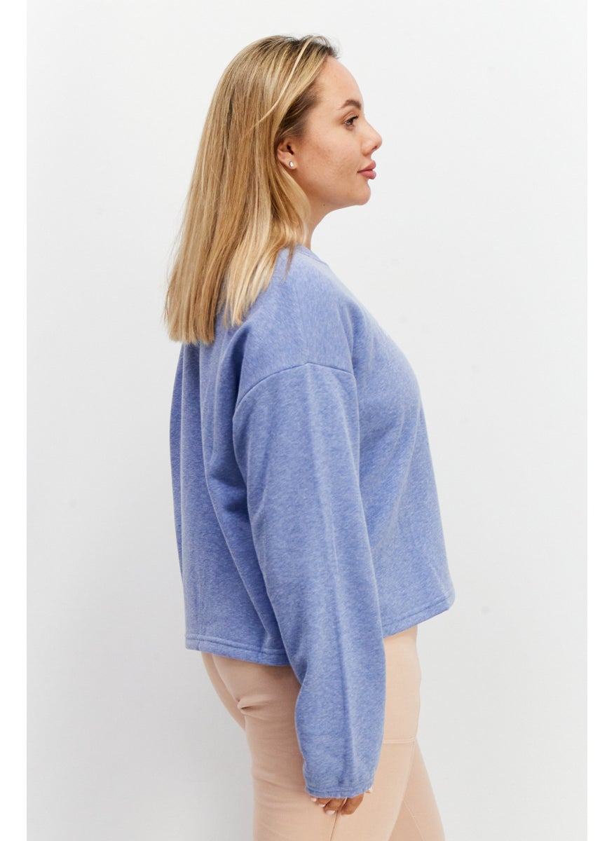Women Sportswear Round Neck Long Sleeves Brand Logo Sweatshirt, Blue
