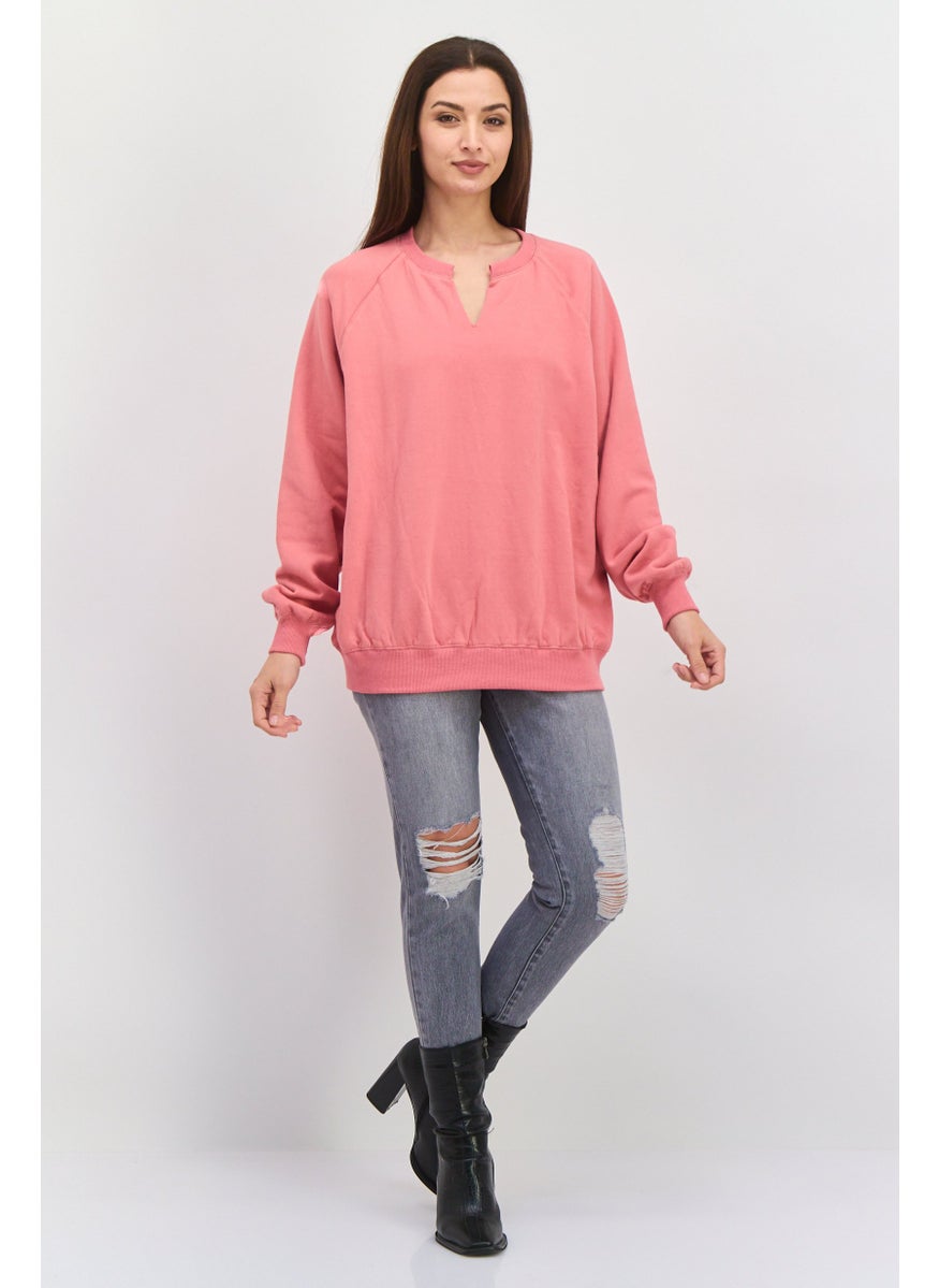 Women  Oversized V-Neck Long Sleeve Solid Sweatshirt, Pink