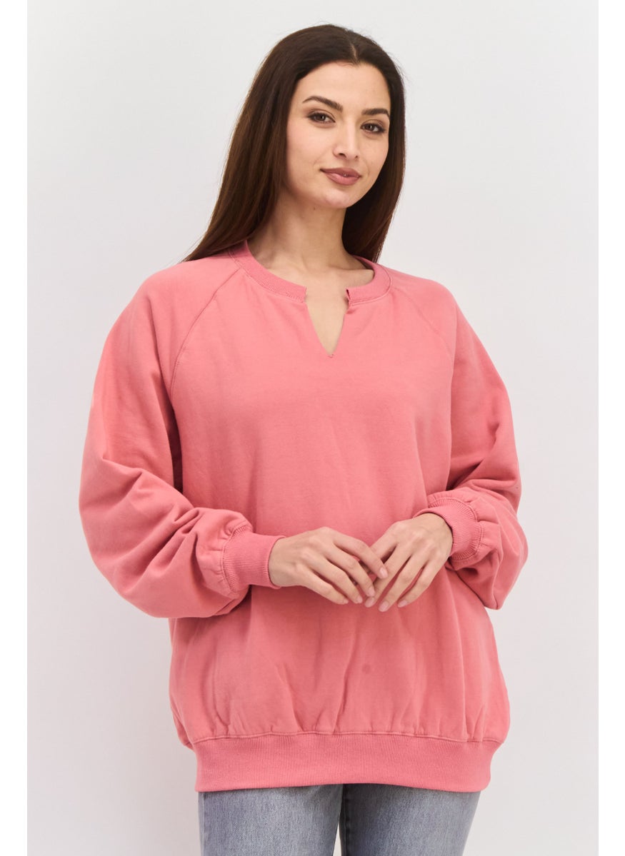 Women  Oversized V-Neck Long Sleeve Solid Sweatshirt, Pink