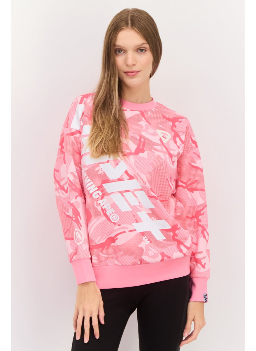 Women Crew Neck Graphic Long Sleeve Sweatshirts, Pink