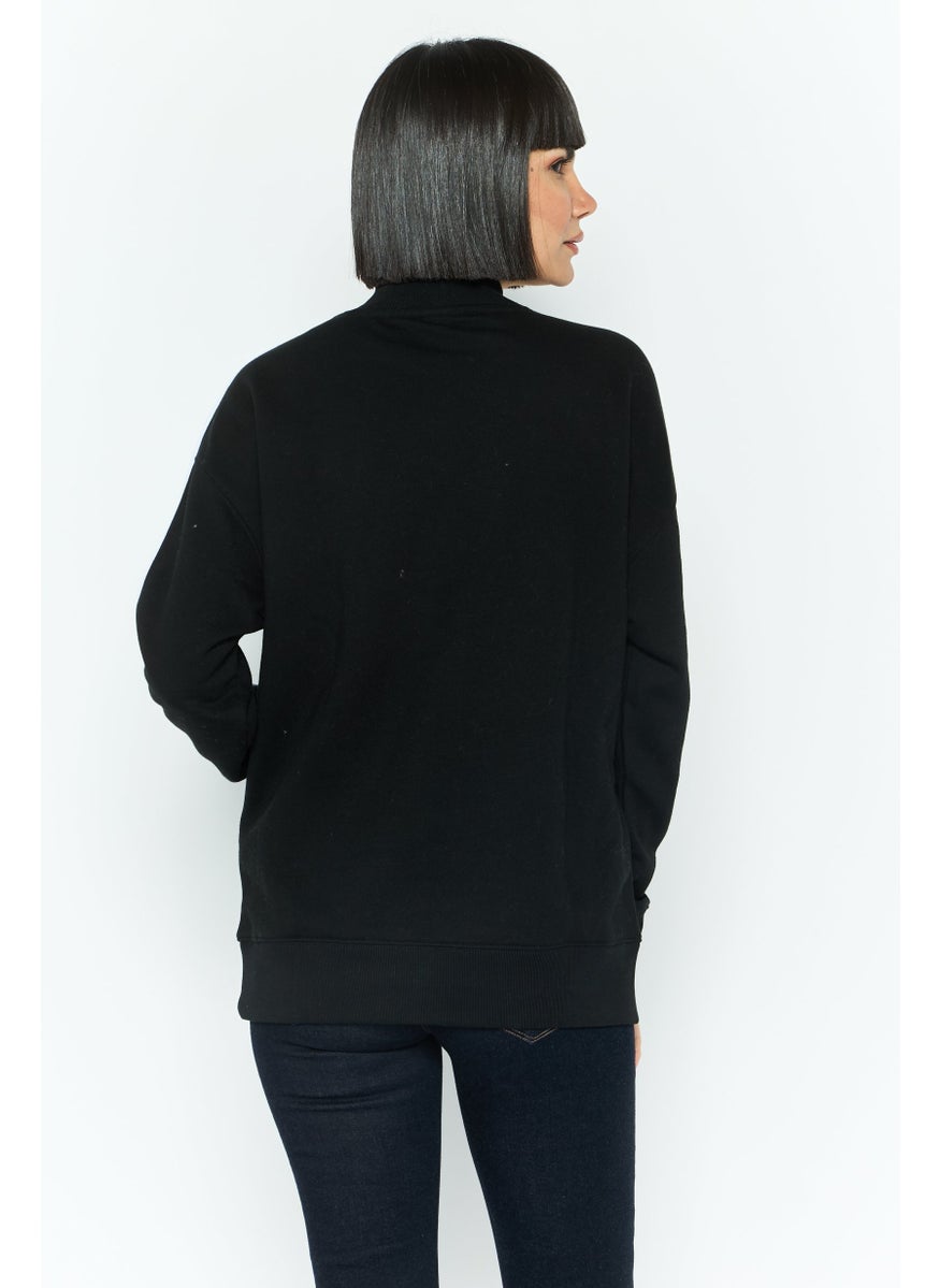 Women Mock Neck Embroidered Print Long Sleeves Sweatshirt, Black