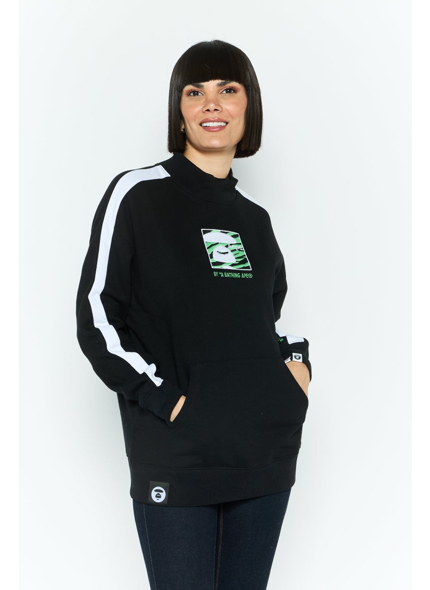 Women Mock Neck Embroidered Print Long Sleeves Sweatshirt, Black