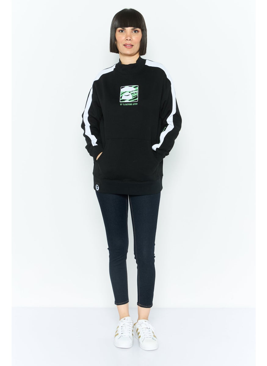 Women Mock Neck Embroidered Print Long Sleeves Sweatshirt, Black