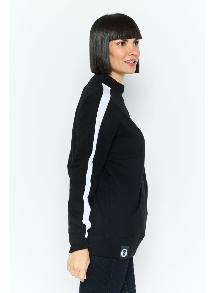 Women Mock Neck Embroidered Print Long Sleeves Sweatshirt, Black