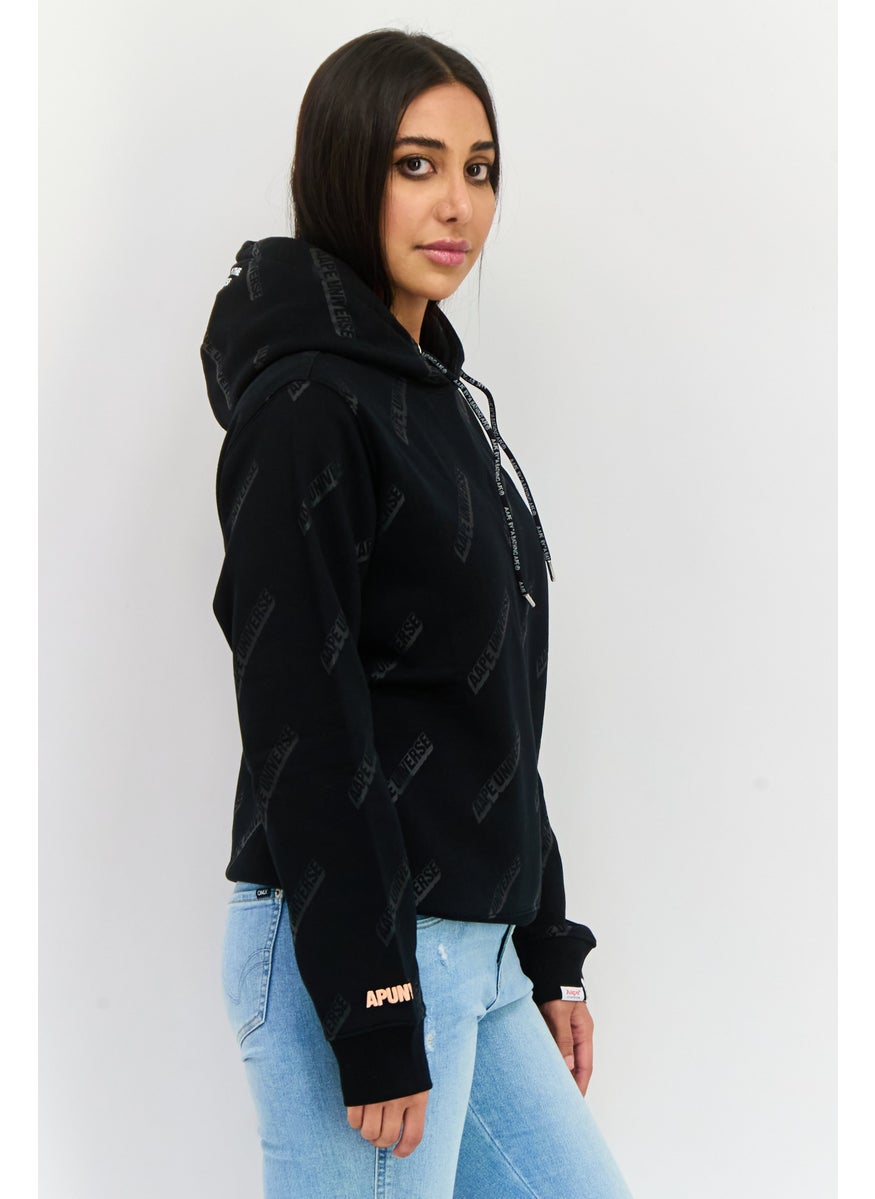 Women Allover Print Hooded Sweatshirt, Black