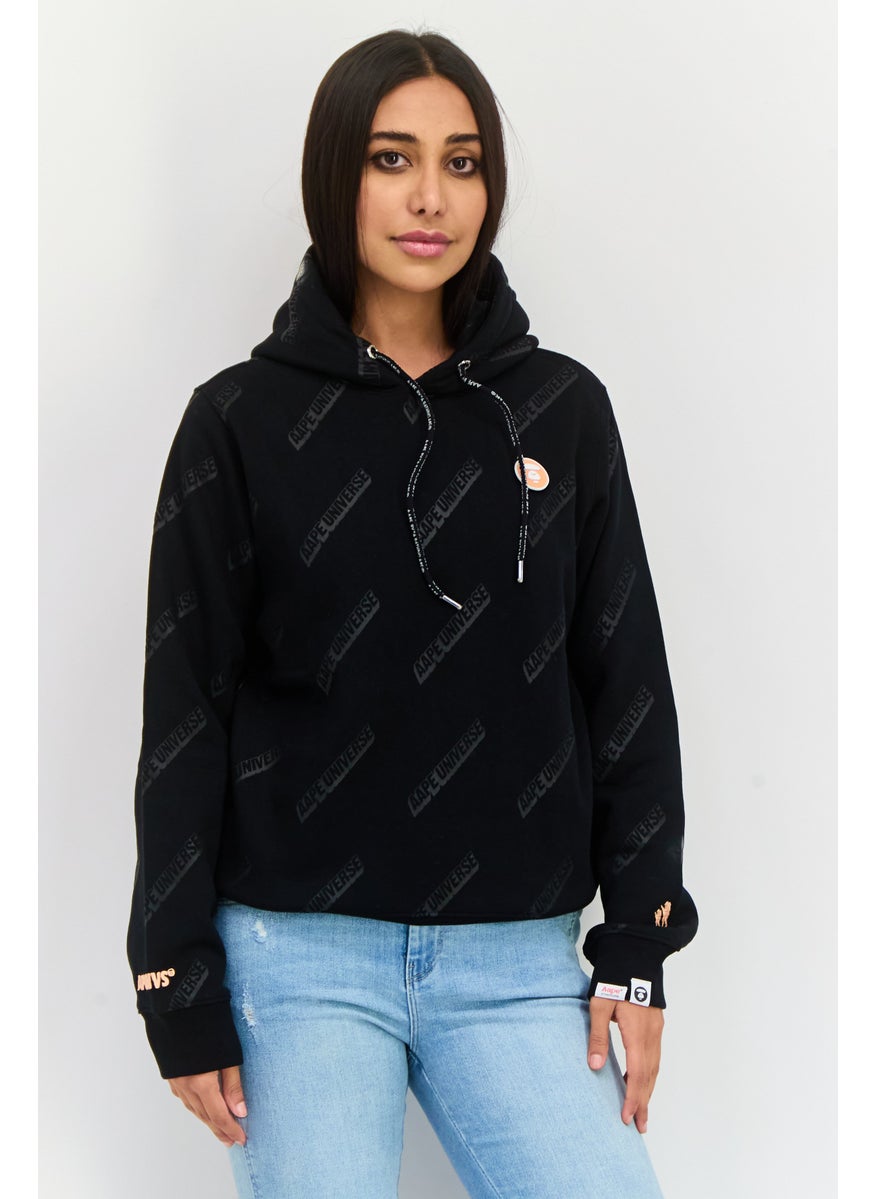 Women Allover Print Hooded Sweatshirt, Black