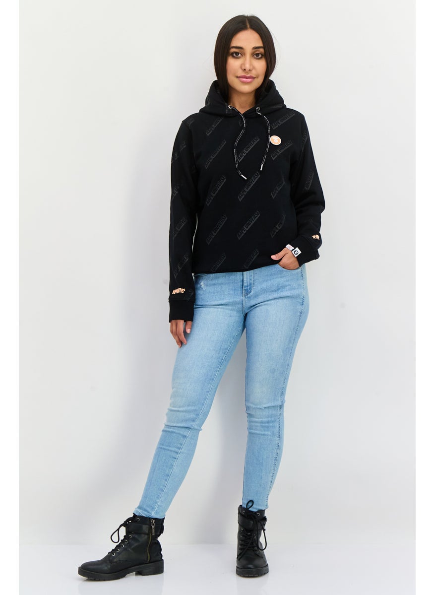 Women Allover Print Hooded Sweatshirt, Black