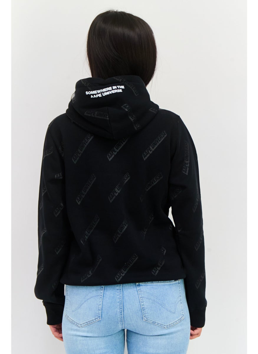 Women Allover Print Hooded Sweatshirt, Black