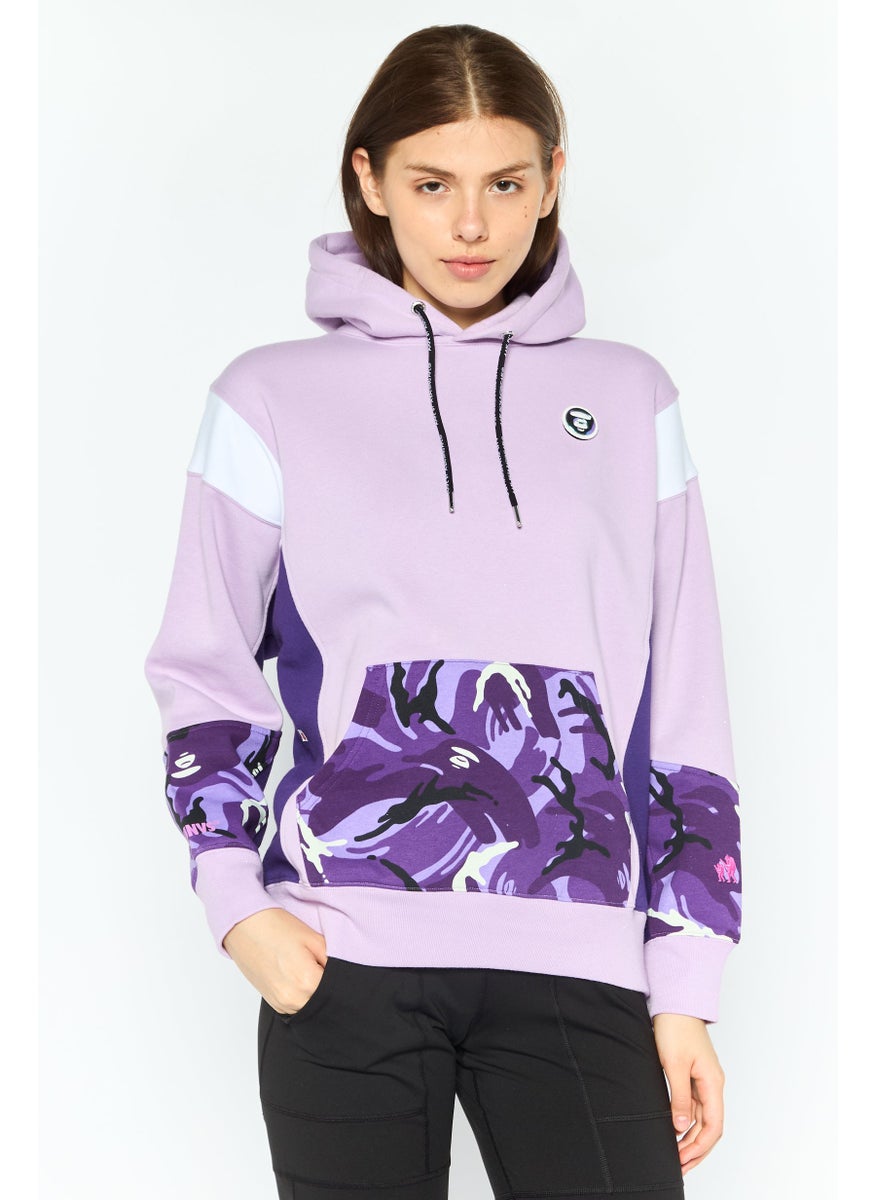 Women Hooded Long Sleeve Brand Logo Sweatshirt, Lavender Combo