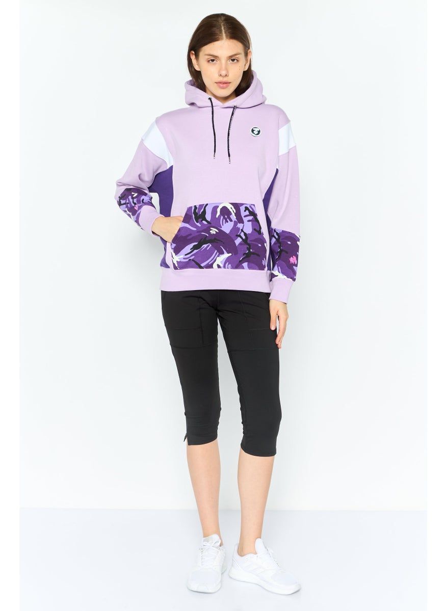 Women Hooded Long Sleeve Brand Logo Sweatshirt, Lavender Combo