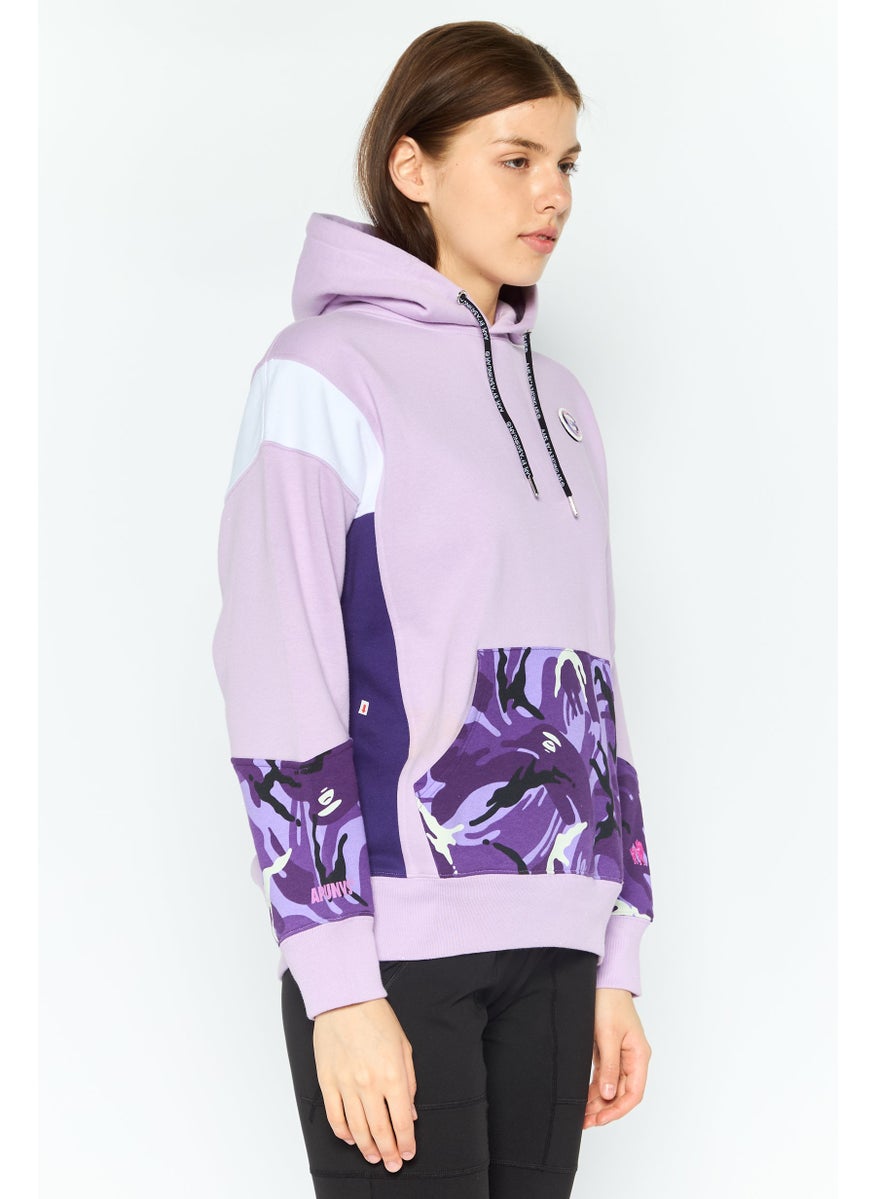 Women Hooded Long Sleeve Brand Logo Sweatshirt, Lavender Combo