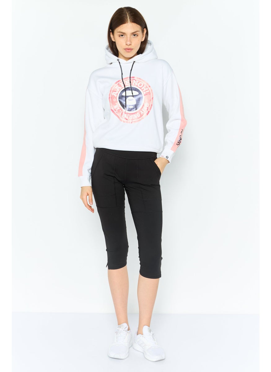 Women Hooded Graphic Print Long Sleeves Sweatshirt, White
