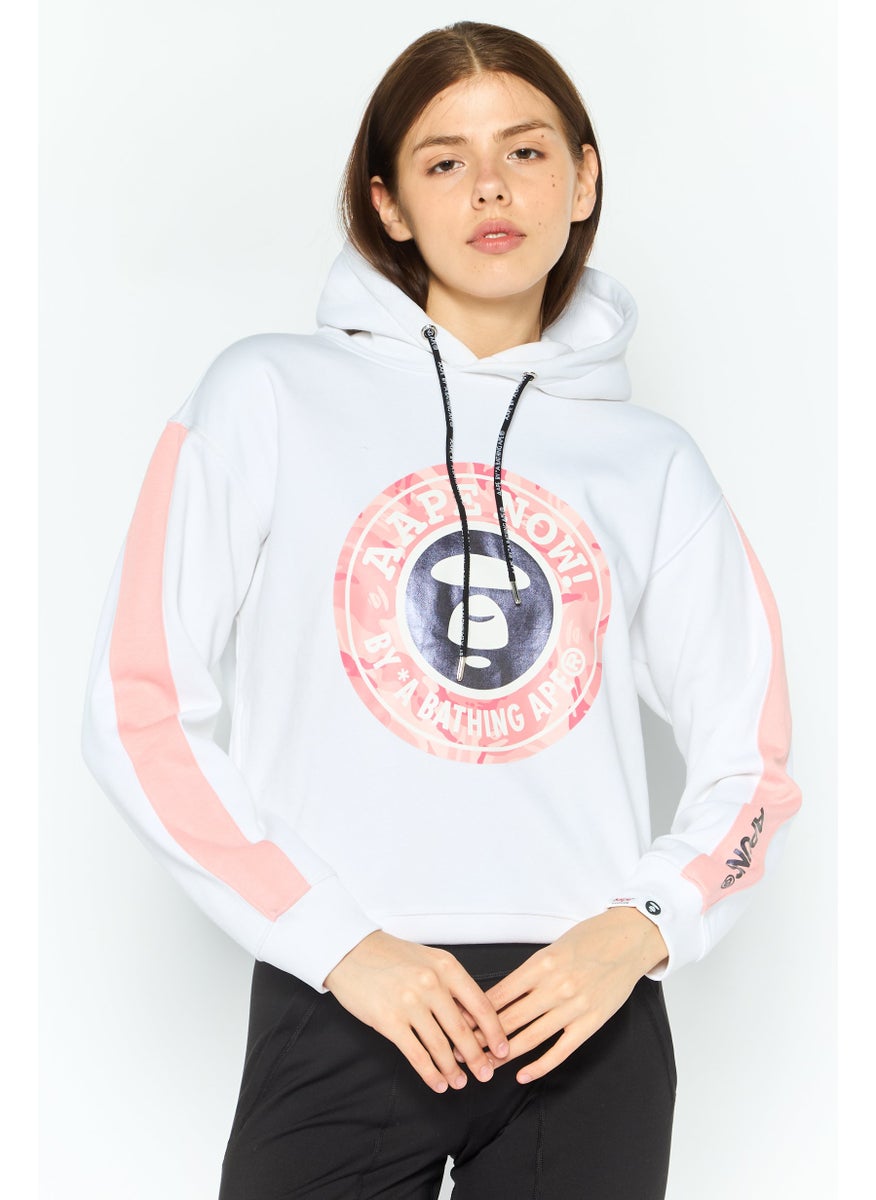 Women Hooded Graphic Print Long Sleeves Sweatshirt, White