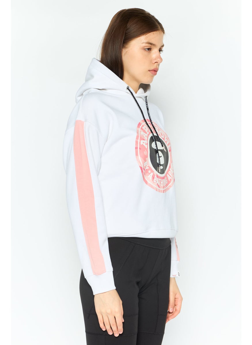 Women Hooded Graphic Print Long Sleeves Sweatshirt, White