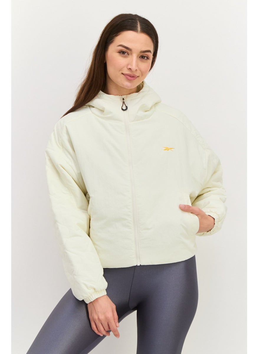 Women Sportswear Fit Long Sleeve Brand Logo Hooded Sweatshirt, Light Cream