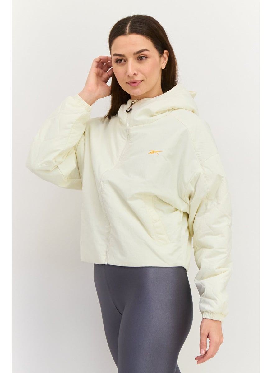 Women Sportswear Fit Long Sleeve Brand Logo Hooded Sweatshirt, Light Cream