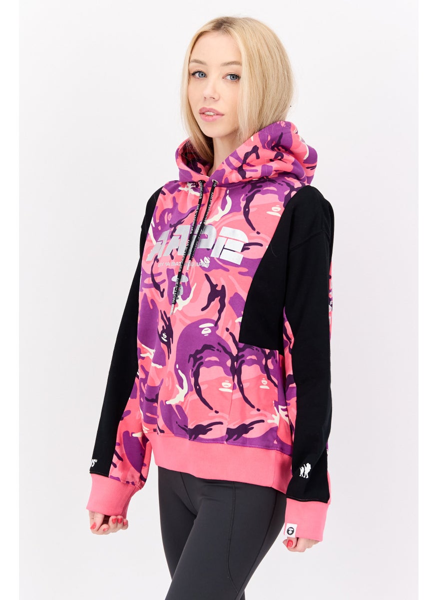 Women Hooded Brand Logo Sweatshirt, Pink Combo