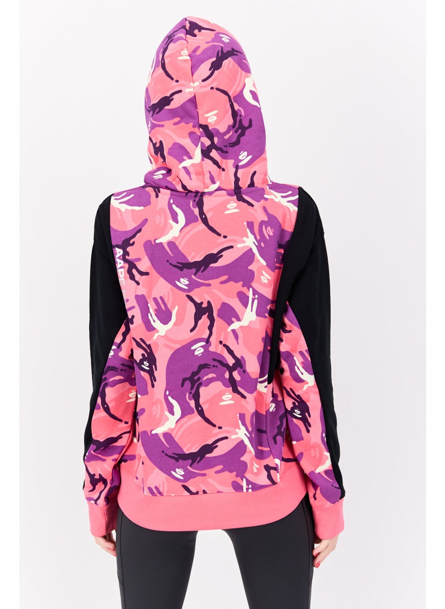 Women Hooded Brand Logo Sweatshirt, Pink Combo