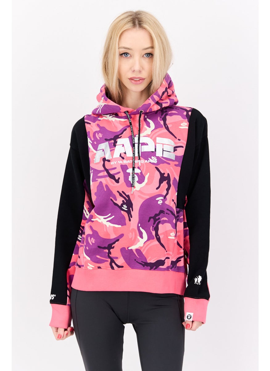 Women Hooded Brand Logo Sweatshirt, Pink Combo