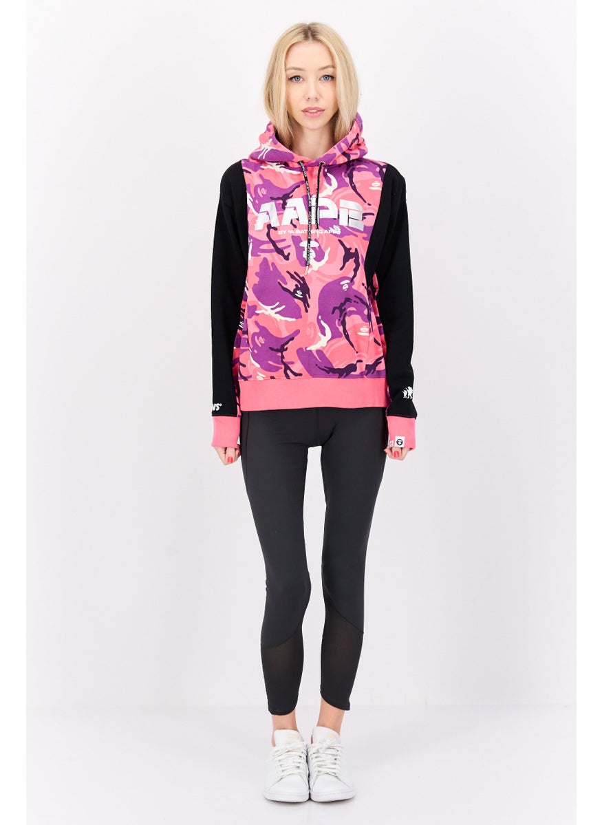 Women Hooded Brand Logo Sweatshirt, Pink Combo