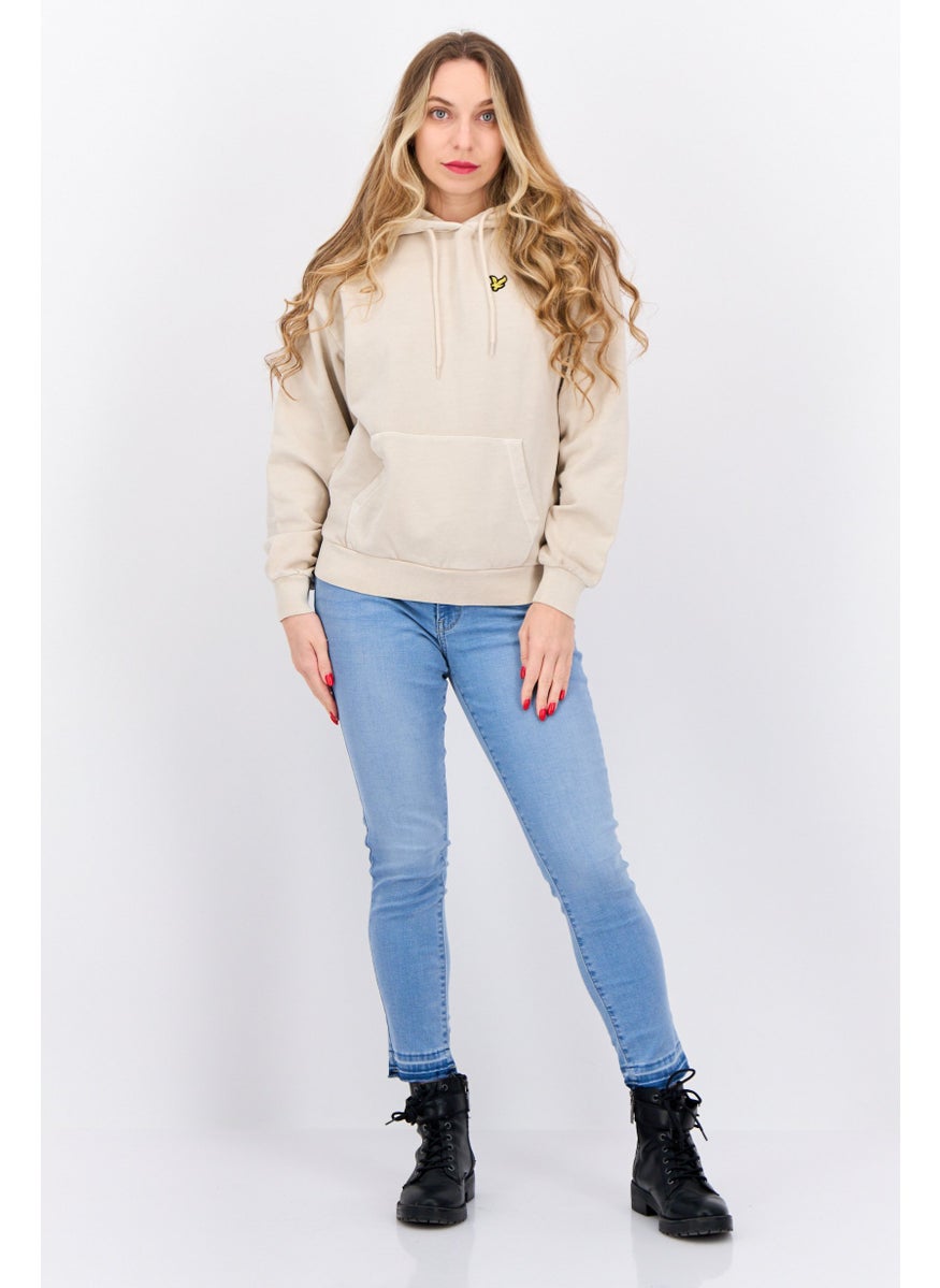 Women Hooded Embroidered Logo Long Sleeve Sweatshirt, Beige