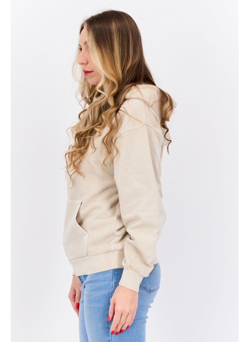 Women Hooded Embroidered Logo Long Sleeve Sweatshirt, Beige
