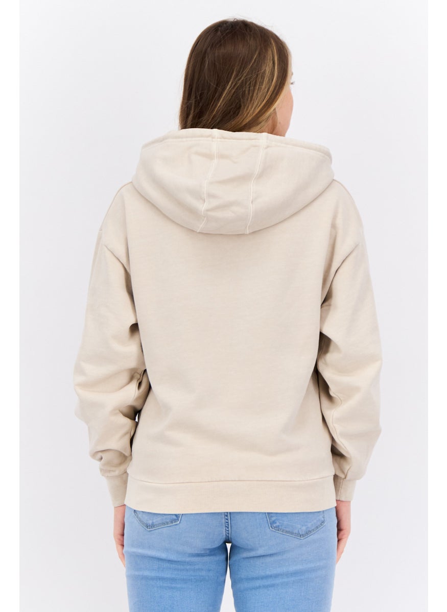 Women Hooded Embroidered Logo Long Sleeve Sweatshirt, Beige