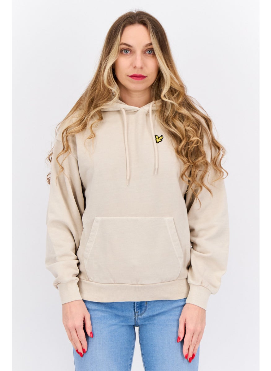 Women Hooded Embroidered Logo Long Sleeve Sweatshirt, Beige