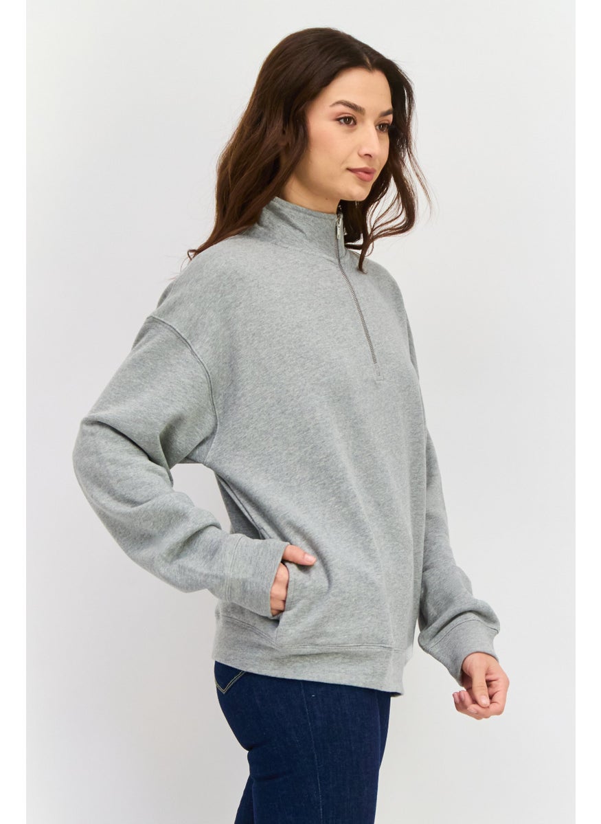 Women Mock Neck Long Sleeves Heather Sweatshirt, Grey