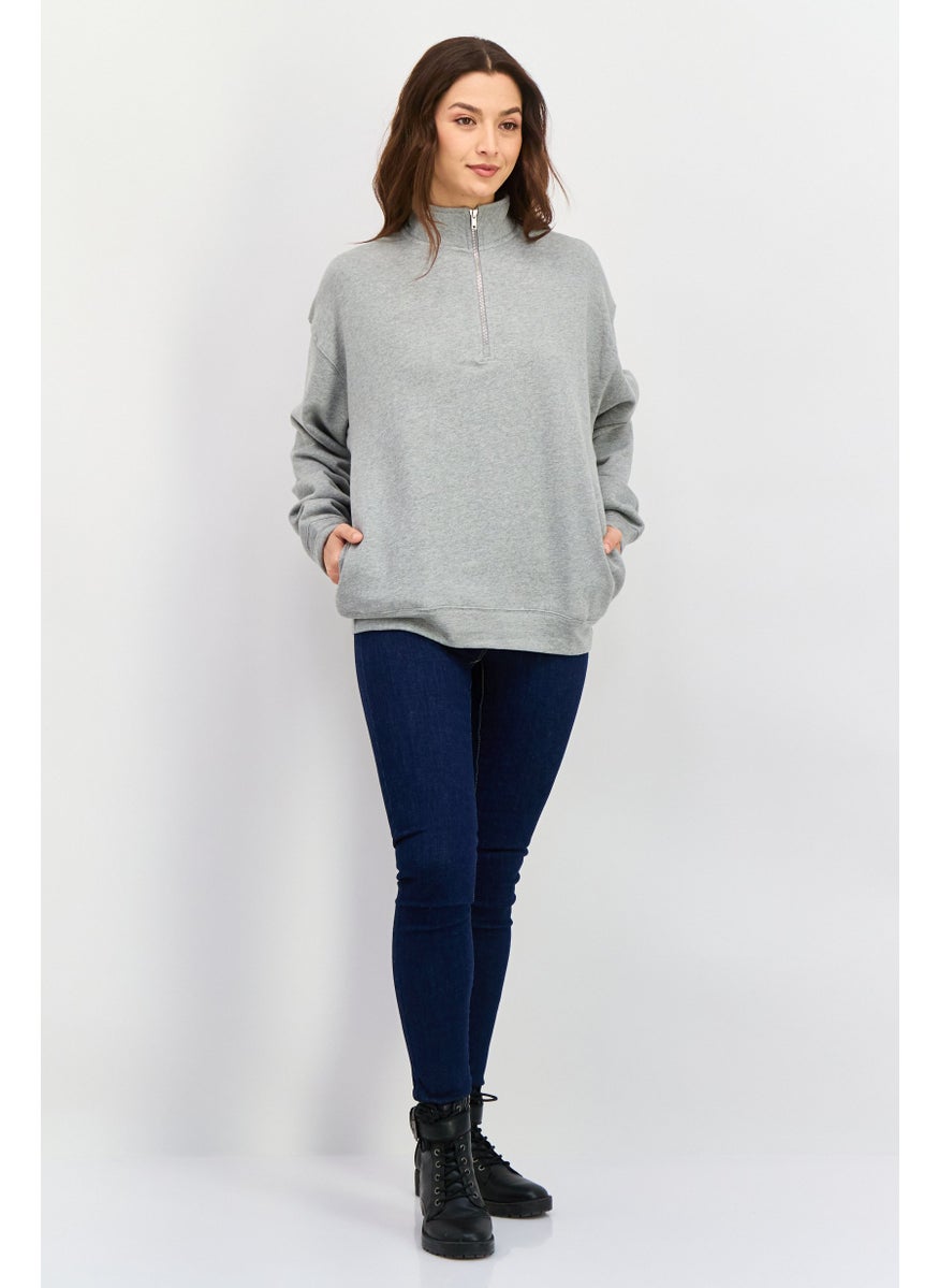 Women Mock Neck Long Sleeves Heather Sweatshirt, Grey
