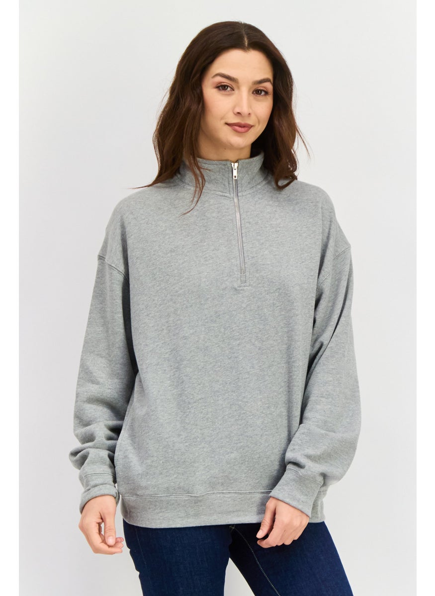 Women Mock Neck Long Sleeves Heather Sweatshirt, Grey